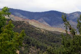 The fire-scarred hills on the Pahrump side of Mount Charleston, damaged by a fire in 2002 and the recent Carpenter 1 Fire, are seen from Torino Ranch on Monday, July 15, 2013. Torino Ranch is located in Lovell Canyon in the Spring Mountains National Recreation Area.