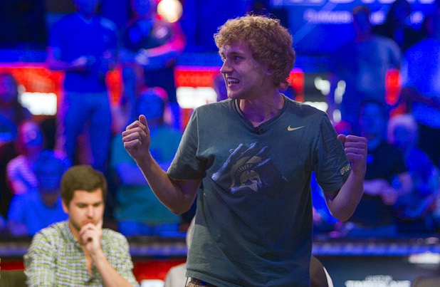 Ryan Riess of East Lansing, Mich. celebrates after winning a hand and knocking out Rep Porter of Woodinville, Wash. during the World Series of Poker $10,000 buy-in no-limit Texas Hold 'Em main event at the Rio Tuesday morning, July 16, 2013. 