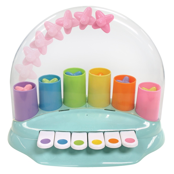 This musical toy encourages young children to discover cause and effect. Pressing the piano keys causes stars to pop up.