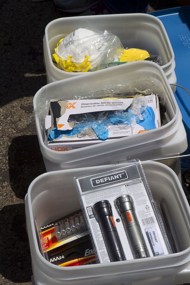 Supplies for residents are shown in buckets at an American Red Cross station on Mount Charleston Thursday, July 18, 2013. The mountain is expected to reopen to the public on Friday.