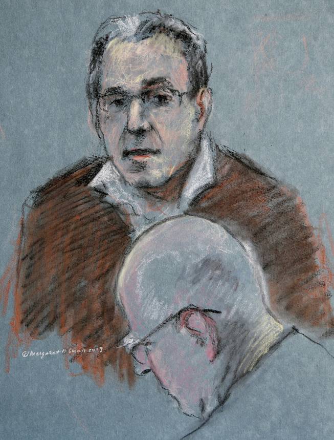This courtroom sketch depicts Stephen "The Rifleman" Flemmi testifying as defendant James "Whitey" Bulger listens, below, during his murder and racketeering trial at U.S. District Court in Boston, Thursday, July 18, 2013.