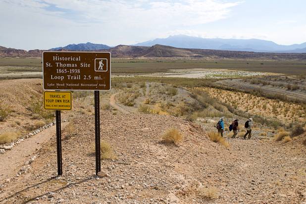 The trail to the town of St. Thomas is shown in the Lake Mead National Recreation Area Monday, July 22, 2013. The town started as a farming settlement in 1865 but was covered by the rising waters of Lake Mead in the 1930's after the construction of Hoover Dam.