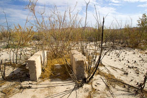 Some short walls, possibly relating to irrigation, are shown outside the town of St. Thomas in the Lake Mead National Recreation Area Monday, July 22, 2013. The town started as a farming settlement in 1865 but was covered by the rising waters of Lake Mead in the 1930's after the construction of Hoover Dam.