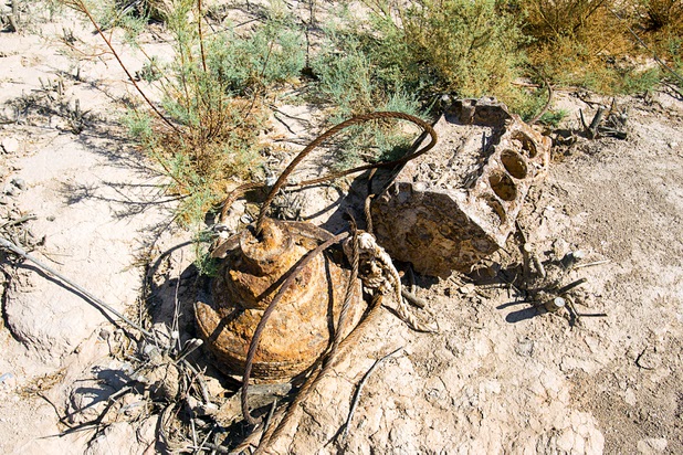 A rusted engine block is shown along the Arrowhead Trail at the town of St. Thomas in the Lake Mead National Recreation Area Monday, July 22, 2013. The town started as a farming settlement in 1865 but was covered by the rising waters of Lake Mead in the 1930's after the construction of Hoover Dam.