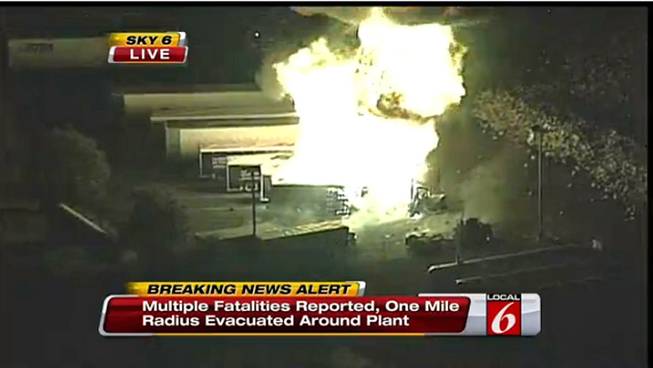 This frame grab provided by WKMG-TV shows the fire at the Blue Rhino plant in Tavares City, Fla., Tuesday, July 30, 2013. A series of major explosions at a Florida gas plant has injured several workers and left others missing. 