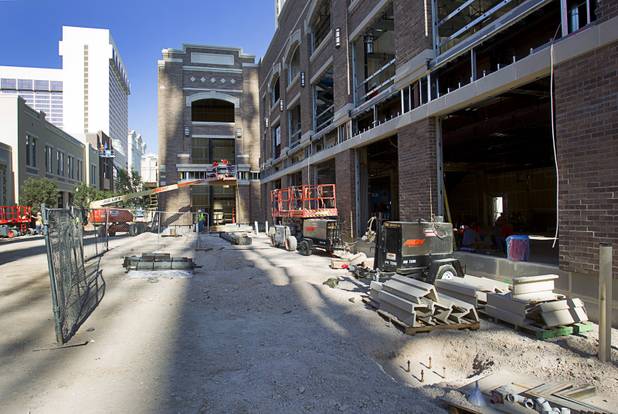The Yard House, right, is shown under construction during a tour of Caesars Entertainment's Linq development Tuesday, July 29, 2013. The Yard House in the Linq will be the largest Yard House in the nation, representatives said. The $550 million shopping, dining and entertainment district will be anchored by the 550-foot-tall High Roller observation wheel. The project's first phase is expected to open in late 2013.