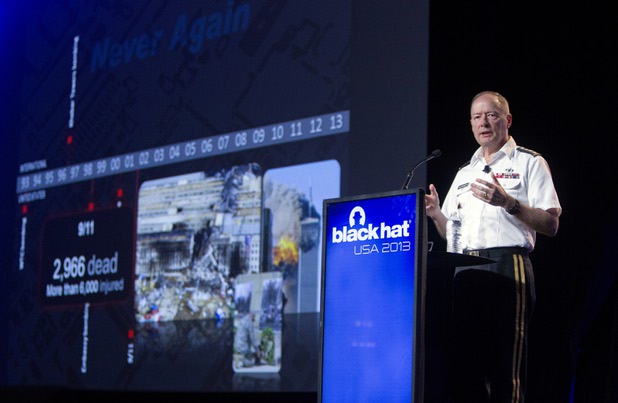 General Keith Alexander, director of the National Security Agency (NSA), chief of the Central Security Service (CSS), and commander of the U.S. Cyber Command, speaks at the Black Hat USA 2013 hacker convention at Caesars Palace Wednesday, July 31, 2013.