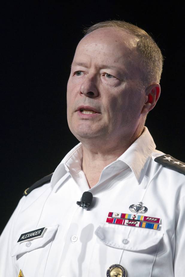 General Keith Alexander, director of the National Security Agency (NSA), chief of the Central Security Service (CSS), and commander of the U.S. Cyber Command, speaks during the Black Hat USA 2013 hacker convention at Caesars Palace Wednesday, July 31, 2013.