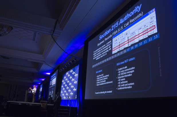 General Keith Alexander, director of the National Security Agency (NSA), chief of the Central Security Service (CSS), and commander of the U.S. Cyber Command, talks about NSA monitoring programs during the Black Hat USA 2013 hacker convention at Caesars Palace Wednesday, July 31, 2013.