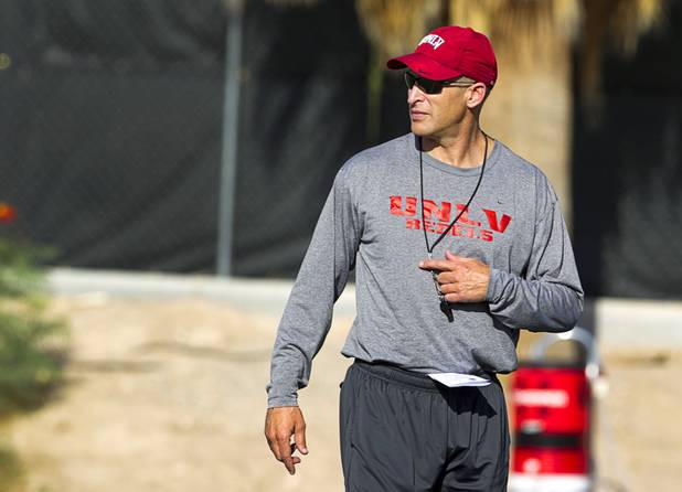 Rebels Coach Bobby Hauck during the first practice at UNLV Tuesday, Aug. 6, 2013.