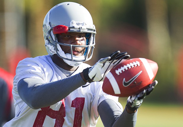 UNLV wide receiver Devante Davis catches a pass during practice at UNLV Tuesday, Aug. 6, 2013.