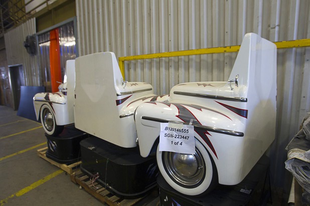 Fiberglass ends for a bank of slot machines are ready to be shipped at the YESCO facility in Las Vegas Wednesday, Aug. 7, 2013.