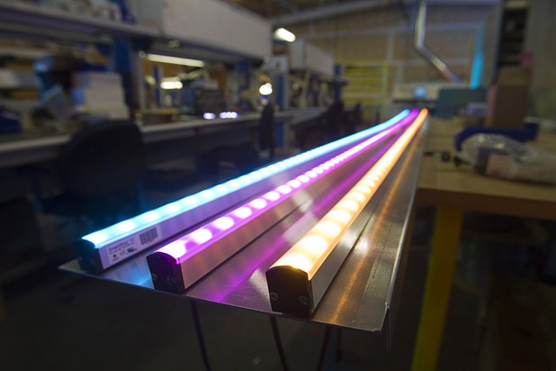 LED strip lights glow in a specialty lighting area at the YESCO facility in Las Vegas Wednesday, Aug. 7, 2013.