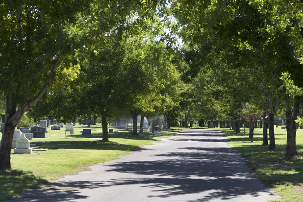 Mature trees line a roadway at Woodlawn Cemetery Thursday, Aug. 8, 2013. Opened in 1914 on 10 acres of donated land, Woodlawn, the oldest cemetery in Las Vegas, is coming up on its 100th anniversary.