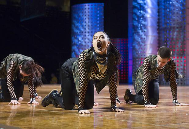 Members of "Sorority" of New Zealand compete in the varsity division during the World Hip Hop Championships at the Orleans Arena Sunday, Aug. 11, 2013. Sorority took third place in the division. Teams from 43 countries competed in the event.