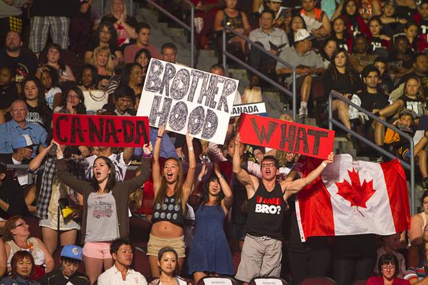 Canadians support the "Brotherhood" dance group as they compete in the varsity division during the World Hip Hop Championships at the Orleans Arena Sunday, Aug. 11, 2013. Teams from 43 countries competed in the event.