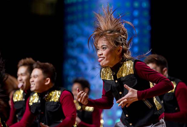 "The U.P. Streetdance Club" of the Philippines competes in the MegaCrew division during the World Hip Hop Championships at the Orleans Arena Sunday, Aug. 11, 2013. Teams from 43 countries competed in the event.
