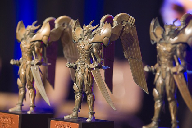 Trophies are displayed during the Yu-Gi-Oh! Trading Card Game world championships at Bally's Sunday, Aug. 11, 2013. Twenty-six players of the best players from around the world competed in the tournament. Twelve players competed in the Dragon Duel for players 12-years-old and younger. The battle-based card game by Konami was named the top selling trading card game in the world by Guinness World Records in 2009.