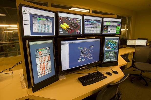 A bank of monitors is seen in the CityCenter central plant control room during a tour of CityCenters cogeneration plant Monday, Aug. 12, 2013.