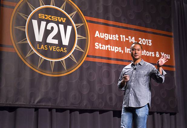 Tony Hsieh, CEO of Zappos, gives a keynote address at the South By Southwest V2V tech conference for entrepreneurs at the Cosmopolitan Monday, Aug. 12, 2013.