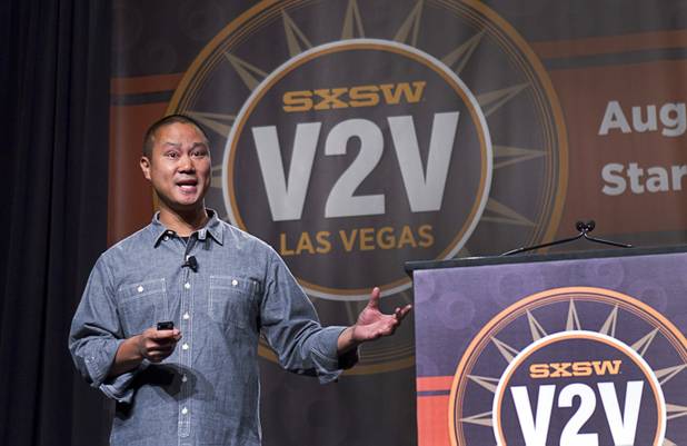 Tony Hsieh, CEO of Zappos, gives a keynote address at the South By Southwest V2V tech conference for entrepreneurs at the Cosmopolitan Monday, Aug. 12, 2013.