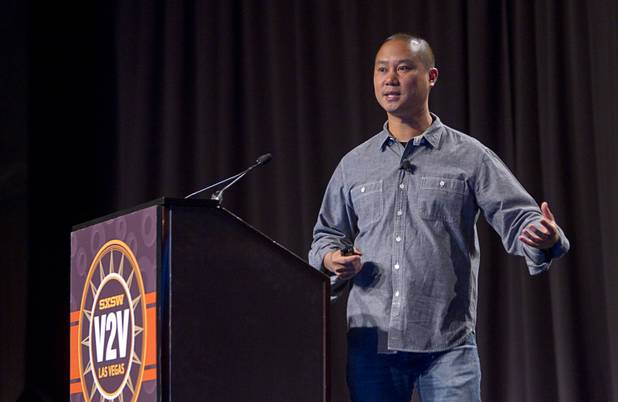 Tony Hsieh, CEO of Zappos, gives a keynote address at the South By Southwest V2V tech conference for entrepreneurs at the Cosmopolitan Monday, Aug. 12, 2013.