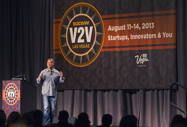 Tony Hsieh, CEO of Zappos, gives a keynote address at the South By Southwest V2V tech conference for entrepreneurs at the Cosmopolitan Monday, Aug. 12, 2013.
