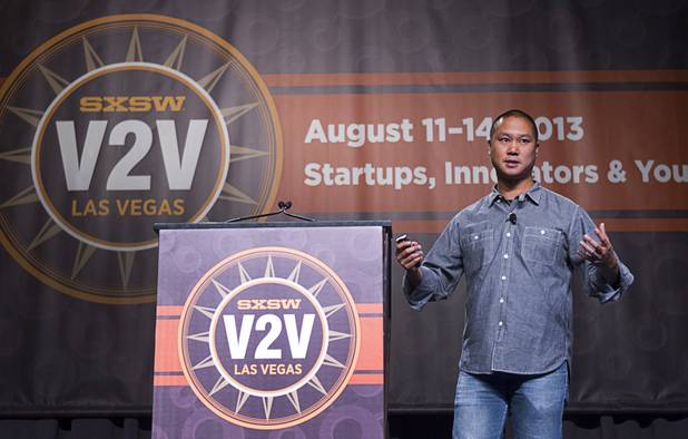 Tony Hsieh, CEO of Zappos, gives a keynote address at the South By Southwest V2V tech conference for entrepreneurs at the Cosmopolitan Monday, Aug. 12, 2013.