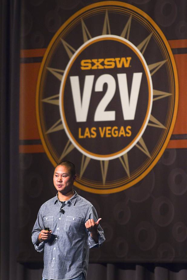 Tony Hsieh, CEO of Zappos, gives a keynote address at the South By Southwest V2V tech conference for entrepreneurs at the Cosmopolitan Monday, Aug. 12, 2013.