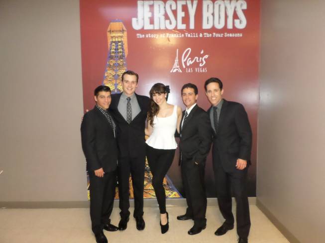 Claire Sinclair is flanked by "Jersey Boys" stars Deven May, Rob Marnell, Graham Fenton and Jeff Leibow at Paris Las Vegas.