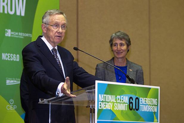 Senate Majority Leader Harry Reid (D-NV) responds to a question about the stalled Yucca Mountain nuclear waste storage facility during a news conference at the National Clean Energy Summit 6.0 at the Mandalay Bay Tuesday, Aug. 13, 2013. Interior Secretary Sally Jewell listens at right.