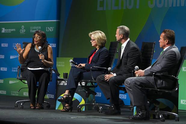 Rose McKinney-James, left moderates a panel during the National Clean Energy Summit 6.0 at the Mandalay Bay Tuesday, Aug. 13, 2013. With McKinney-James from left are: former Michigan Governor Jennifer Granholm, Maryland Governor Marin O'Malley, and former California Governor Arnold Schwarzenegger.
