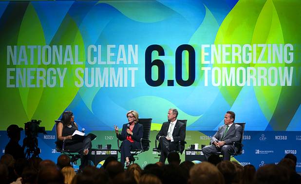Former Michigan Governor Jennifer Granholm speaks on a panel during the National Clean Energy Summit 6.0 at the Mandalay Bay Tuesday, Aug. 13, 2013. With Granholm are Maryland Governor Marin O'Malley, and former California Governor Arnold Schwarzenegger. Rose McKinney-James, far left, moderated the panel.