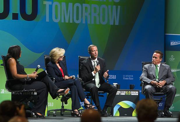 Maryland Governor Marin O'Malley, center, speaks on a panel during the National Clean Energy Summit 6.0 at the Mandalay Bay Tuesday, Aug. 13, 2013. With O'Malley are  are former Michigan Governor Jennifer Granholm and former California Governor Arnold Schwarzenegger. Rose McKinney-James, far left, moderated the panel.