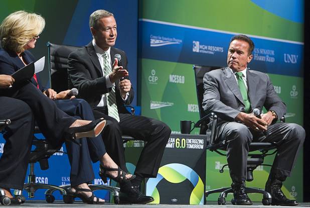 Maryland Governor Marin O'Malley, center, speaks on a panel during the National Clean Energy Summit 6.0 at the Mandalay Bay Tuesday, Aug. 13, 2013. With O'Malley are  are former Michigan Governor Jennifer Granholm and former California Governor Arnold Schwarzenegger.