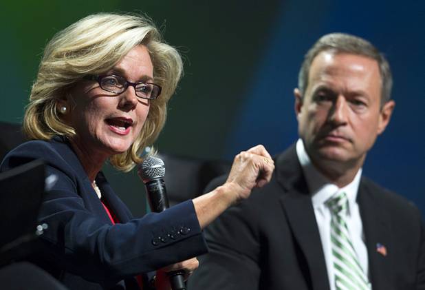 Former Michigan Governor Jennifer Granholm speaks on a panel during the National Clean Energy Summit 6.0 at the Mandalay Bay Tuesday, Aug. 13, 2013. With Granholm is Maryland Governor Marin O'Malley.