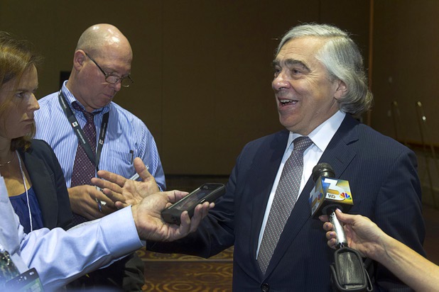 U.S. Secretary of Energy Ernest Moniz responds to questions on nuclear waste disposal during the National Clean Energy Summit 6.0 at the Mandalay Bay Tuesday, Aug. 13, 2013.