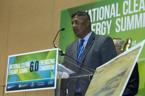 Eric Lee, acting chairman from the Moapa Band of Paiute Indians, speaks during a news conference at the National Clean Energy Summit 6.0 at the Mandalay Bay Tuesday, Aug. 13, 2013. The Moapa Band of Paiutes announced they will begin construction on a large-scale photovoltaic facility on Moapa River Indian Reservation land northeast of Las Vegas.