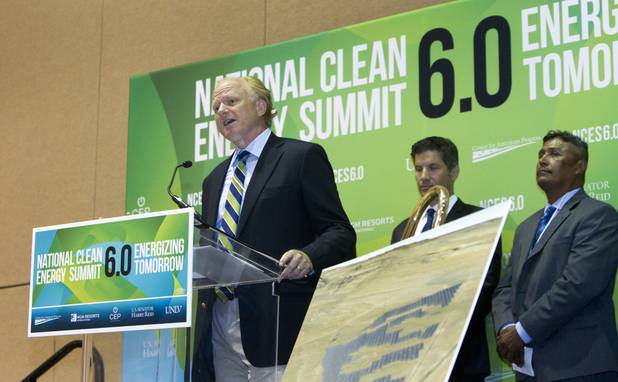 Gerrit Nicholas, managing partner of K Road Power, speaks during a news conference at the National Clean Energy Summit 6.0 at the Mandalay Bay Tuesday, Aug. 13, 2013. The Moapa Band of Paiutes announced they will begin construction on a large-scale photovoltaic facility on Moapa River Indian Reservation land northeast of Las Vegas. Behind Nicholas are Bruce Nilles, senior director of the Beyond Coal Campaign at Sierra Club, and Eric Lee, right, acting chairman from the Moapa Band of Paiute Indians. K Road Power is the company that will manage the project.