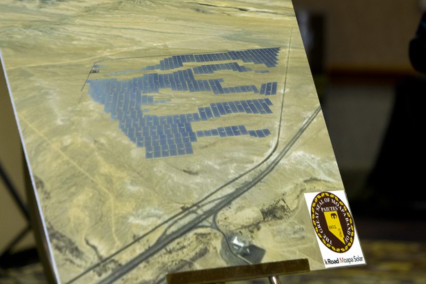 An artist's illustration of a proposed photovoltaic system is displayed during news conference at National Clean Energy Summit 6.0 at the Mandalay Bay Tuesday, Aug. 13, 2013. The Moapa Band of Paiutes announced they will begin construction on a large-scale photovoltaic facility on Moapa River Indian Reservation land northeast of Las Vegas.