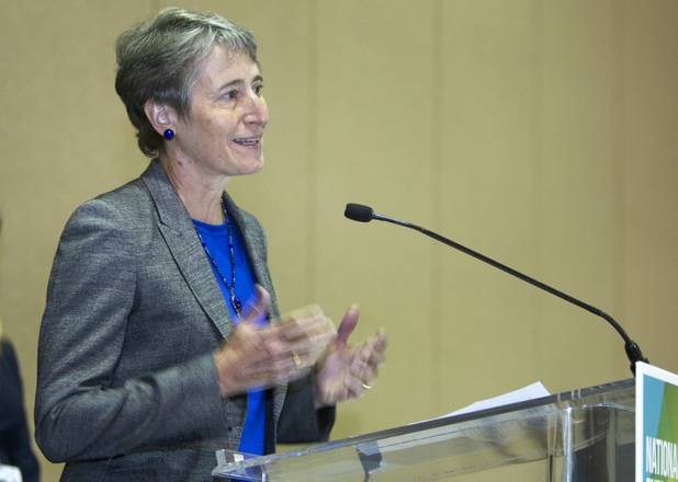U.S. Secretary of Interior Sally Jewell speaks during  news conference at the National Clean Energy Summit 6.0 at the Mandalay Bay Tuesday, Aug. 13, 2013. The Moapa Band of Paiutes announced they will begin construction on a large-scale photovoltaic facility on Moapa River Indian Reservation land northeast of Las Vegas.