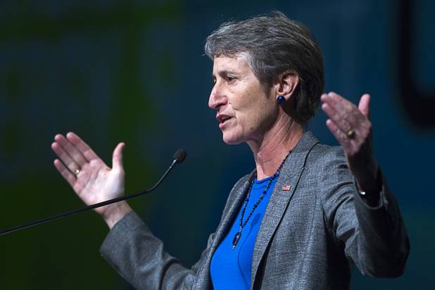 U.S. Secretary of Interior Sally Jewell gives a keynote address during the National Clean Energy Summit 6.0 at the Mandalay Bay Tuesday, Aug. 13, 2013.