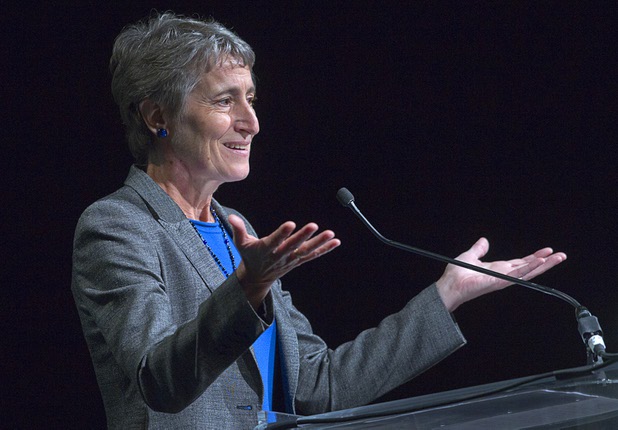 U.S. Secretary of Interior Sally Jewell gives a keynote address during the National Clean Energy Summit 6.0 at the Mandalay Bay Tuesday, Aug. 13, 2013.