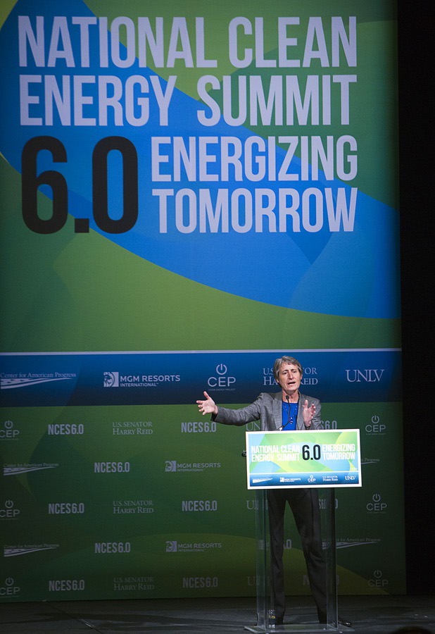 U.S. Secretary of Interior Sally Jewell gives a keynote address during the National Clean Energy Summit 6.0 at the Mandalay Bay Tuesday, Aug. 13, 2013.