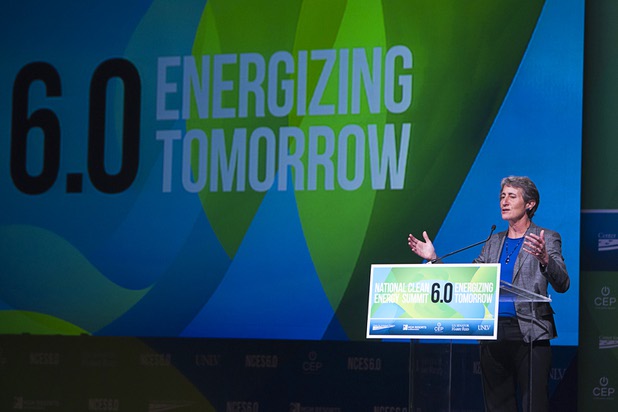 U.S. Secretary of Interior Sally Jewell gives a keynote address during the National Clean Energy Summit 6.0 at the Mandalay Bay Tuesday, Aug. 13, 2013.