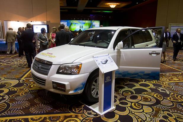 A Toyota hydrogen fuel cell vehicle is displayed during the National Clean Energy Summit 6.0 at the Mandalay Bay Tuesday, Aug. 13, 2013.