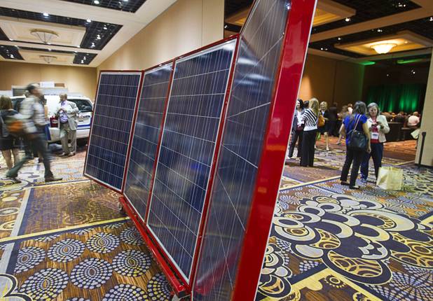 Photovoltaic panels are displayed during the National Clean Energy Summit 6.0 at the Mandalay Bay Tuesday, Aug. 13, 2013.