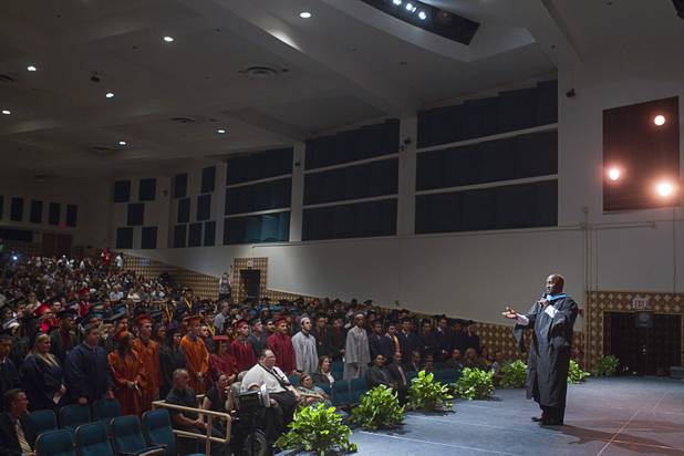 Las Vegas City Councilman Ricki Barlow gives the keynote address during the Clark County School District's second annual summer high school graduation ceremony for summer school graduates and at-risk students at the Las Vegas Academy in downtown Las Vegas Wednesday, Aug. 14, 2013.