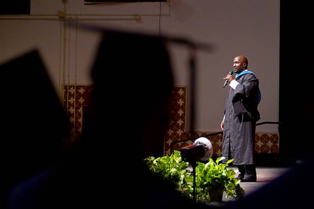 Las Vegas City Councilman Ricki Barlow gives the keynote address during the Clark County School District's second annual summer high school graduation ceremony for summer school graduates and at-risk students at the Las Vegas Academy in downtown Las Vegas Wednesday, Aug. 14, 2013.