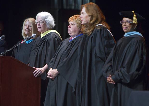 Clark County School Board trustees attend CCSD's second annual summer high school graduation ceremony for summer school graduates and at-risk students at the Las Vegas Academy in downtown Las Vegas Wednesday, Aug. 14, 2013. From left are: Lorraine Alderman, Carolyn Edwards, Deanna Wright, Patrice Tew and Linda Young.